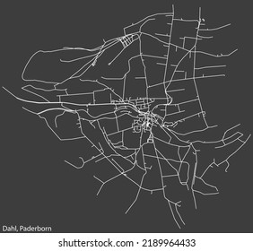 Mapa detallado negativo de líneas blancas de navegación en las calles urbanas del DISTRITO DAHL de la capital regional alemana de Paderborn, Alemania sobre fondo gris oscuro