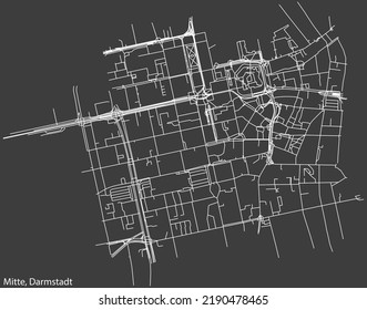 Detailed negative navigation white lines urban street roads map of the DARMSTADT-MITTE DISTRICT of the German regional capital city of Darmstadt, Germany on dark gray background