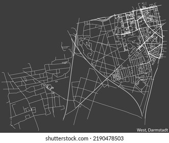 Detailed negative navigation white lines urban street roads map of the DARMSTADT-WEST DISTRICT of the German regional capital city of Darmstadt, Germany on dark gray background