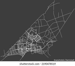 Detailed negative navigation white lines urban street roads map of the KRANICHSTEIN DISTRICT of the German regional capital city of Darmstadt, Germany on dark gray background
