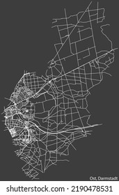 Detailed negative navigation white lines urban street roads map of the DARMSTADT-OST DISTRICT of the German regional capital city of Darmstadt, Germany on dark gray background