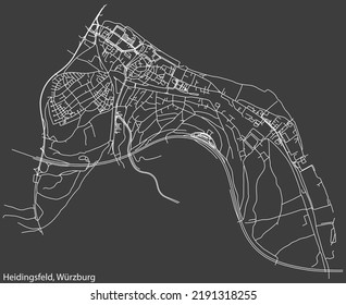 Detailed negative navigation white lines urban street roads map of the HEIDINGSFELD DISTRICT of the German regional capital city of Würzburg, Germany on dark gray background