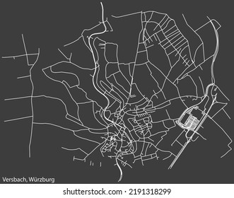 Detailed negative navigation white lines urban street roads map of the VERSBACH DISTRICT of the German regional capital city of Würzburg, Germany on dark gray background