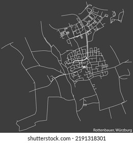 Detailed negative navigation white lines urban street roads map of the ROTTENBAUER DISTRICT of the German regional capital city of Würzburg, Germany on dark gray background
