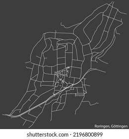 Detaillierte Negativnavigation mit weißen Linien Stadtstraßen Karte des RORINGEN DISTRICT der Landeshauptstadt Göttingen auf dunkelgrauem Hintergrund