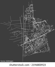 Detailed negative navigation white lines urban street roads map of the GRONE DISTRICT of the German regional capital city of Göttingen, Germany on dark gray background
