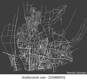 Detailed negative navigation white lines urban street roads map of the WEENDE DISTRICT of the German regional capital city of Göttingen, Germany on dark gray background