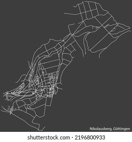 Detailed negative navigation white lines urban street roads map of the NIKOLAUSBERG DISTRICT of the German regional capital city of Göttingen, Germany on dark gray background