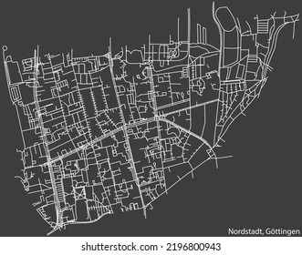 Detailed negative navigation white lines urban street roads map of the NORDSTADT DISTRICT of the German regional capital city of Göttingen, Germany on dark gray background