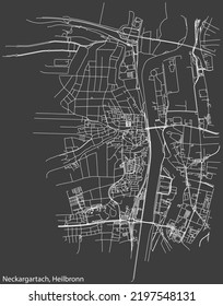 Mapa detallado negativo de líneas blancas de navegación en las calles urbanas del DISTRITO NECKARGARTACH de la capital regional alemana de Heilbronn, Alemania sobre fondo gris oscuro