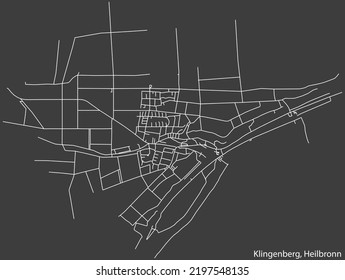 Mapa detallado negativo de líneas blancas de navegación en las calles urbanas del DISTRITO KLINGENBERG de la capital regional alemana de Heilbronn, Alemania sobre fondo gris oscuro