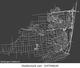 Detaillierte Karte der BÖCKINGEN DISTRICT der deutschen Landeshauptstadt Heilbronn auf dunkelgrauem Hintergrund mit Negativnavigationslinien auf den Straßen der Stadt.