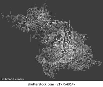 Mapa detallado negativo de las líneas blancas de navegación en las calles urbanas de la capital regional alemana de HEILBRONN, ALEMANIA sobre fondo gris oscuro