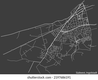 Detaillierte Karte mit Negativnavigationslinien der Stadtstraßen des SÜDWEST DISTRICT der deutschen Hauptstadt Ingolstadt auf dunkelgrauem Hintergrund