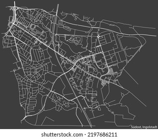 Detaillierte Negativnavigation mit weißen Linien Stadtstraßen Karte des SÜDOST DISTRICT der deutschen Landeshauptstadt Ingolstadt auf dunkelgrauem Hintergrund