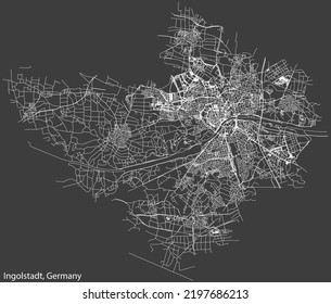 Detaillierte Negativnavigation mit weißen Linien Stadtstraßen Karte der deutschen Landeshauptstadt INGOLSTADT, DEUTSCHLAND auf dunkelgrauem Hintergrund