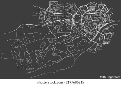 Detaillierte Negativnavigation mit weißen Linien Stadtstraßen Karte des MITTE DISTRICT der deutschen Landeshauptstadt Ingolstadt auf dunkelgrauem Hintergrund