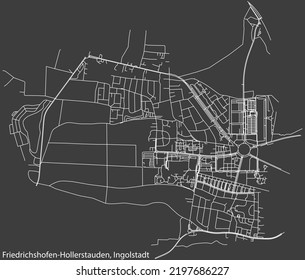 Detailed negative navigation white lines urban street roads map of the FRIEDRICHSHOFEN-HOLLERSTAUDEN DISTRICT of the German regional capital city of Ingolstadt, Germany on dark gray background