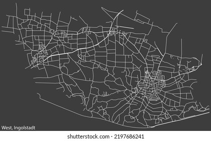 Detaillierte Negativnavigation mit weißen Linien Stadtstraßen Karte des WEST DISTRICT der deutschen Landeshauptstadt Ingolstadt auf dunkelgrauem Hintergrund