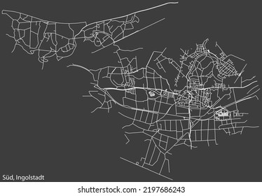 Detaillierte Negativ-Navigationsweißlinien Stadtstraßenplan des SÜD DISTRICT der deutschen Landeshauptstadt Ingolstadt auf dunkelgrauem Hintergrund