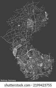 Detailed negative navigation white lines urban street roads map of the German regional capital city of BOTTROP, GERMANY on dark gray background