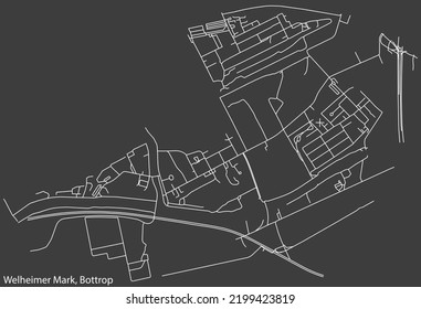 Detaillierte Negativnavigation mit weißen Linien Stadtstraßen Karte des WELHEIMER MARK DISTRICT der deutschen Landeshauptstadt Bottrop, Deutschland auf dunkelgrauem Hintergrund