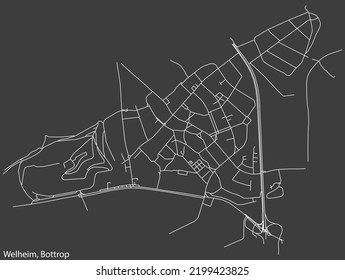 Detaillierte Negativnavigation mit weißen Linien Stadtstraßen Karte des WELHEIM DISTRICT der deutschen Landeshauptstadt Bottrop, Deutschland auf dunkelgrauem Hintergrund