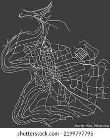 Navegación negativa detallada líneas blancas de las calles urbanas mapa del DISTRITO HUCHENFELD de la capital regional alemana de Pforzheim, Alemania sobre fondo gris oscuro