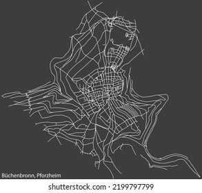 Navegación negativa detallada líneas blancas de la calle urbana mapa del DISTRITO BÜCHENBRONN de la capital regional alemana de Pforzheim, Alemania sobre fondo gris oscuro