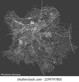 Detailed negative navigation white lines urban street roads map of the German regional capital city of PFORZHEIM, GERMANY on dark gray background