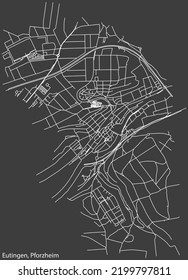 Detailed negative navigation white lines urban street roads map of the EUTINGEN DISTRICT of the German regional capital city of Pforzheim, Germany on dark gray background