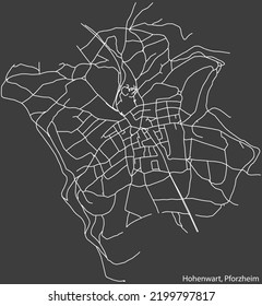 Detailed negative navigation white lines urban street roads map of the HOHENWART DISTRICT of the German regional capital city of Pforzheim, Germany on dark gray background