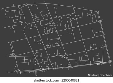 Detailed negative navigation white lines urban street roads map of the NORDEND DISTRICT of the German regional capital city of Offenbach am Main, Germany on dark gray background