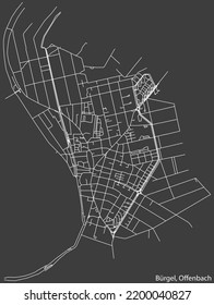 Detailed negative navigation white lines urban street roads map of the BÜRGEL DISTRICT of the German regional capital city of Offenbach am Main, Germany on dark gray background