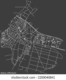 Detailed negative navigation white lines urban street roads map of the BIEBER DISTRICT of the German regional capital city of Offenbach am Main, Germany on dark gray background