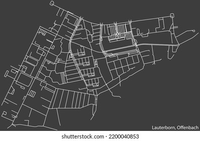 Detailed negative navigation white lines urban street roads map of the LAUTERBORN DISTRICT of the German regional capital city of Offenbach am Main, Germany on dark gray background