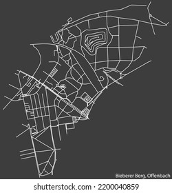 Detailed negative navigation white lines urban street roads map of the BIEBERER BERG DISTRICT of the German regional capital city of Offenbach am Main, Germany on dark gray background