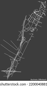 Detailed negative navigation white lines urban street roads map of the BUCHRAIN DISTRICT of the German regional capital city of Offenbach am Main, Germany on dark gray background