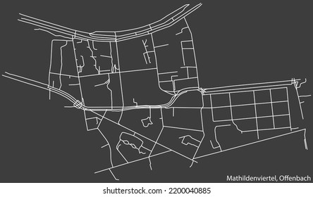 Detailed negative navigation white lines urban street roads map of the MATHILDENVIERTEL DISTRICT of the German regional capital city of Offenbach am Main, Germany on dark gray background