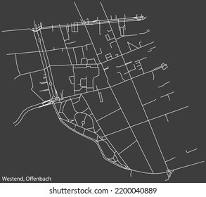 Detailed negative navigation white lines urban street roads map of the WESTEND DISTRICT of the German regional capital city of Offenbach am Main, Germany on dark gray background