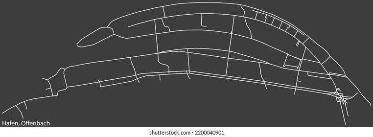 Detaillierte Negativnavigation mit weißen Linien Stadtstraßen Karte des HAFEN DISTRICT der deutschen Landeshauptstadt Offenbach am Main auf dunkelgrauem Hintergrund