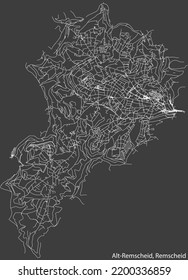 Detailed negative navigation white lines urban street roads map of the  ALT-REMSCHEID QUARTER of the German regional capital city of Remscheid, Germany on dark gray background