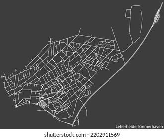 Detailed negative navigation white lines urban street roads map of the LEHERHEIDE DISTRICT of the German regional capital city of Bremerhaven, Germany on dark gray background