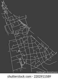 Mapa detallado negativo de líneas blancas de navegación en las calles urbanas del TRIMESTRE DREIBERGEN de la capital regional alemana de Bremerhaven, Alemania sobre fondo gris oscuro
