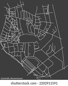Detailed negative navigation white lines urban street roads map of the GRÜNHÖFE QUARTER of the German regional capital city of Bremerhaven, Germany on dark gray background