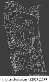 Detailed negative navigation white lines urban street roads map of the BÜRGERPARK QUARTER of the German regional capital city of Bremerhaven, Germany on dark gray background