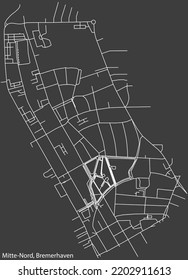 Mapa detallado negativo de líneas blancas de navegación en las calles urbanas del TRIMESTRE MITTE-NORD de la capital regional alemana de Bremerhaven, Alemania sobre fondo gris oscuro