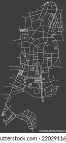 Detaillierte Negativnavigation mit weißen Linien Stadtstraßen Karte des KLUSHOF QUARTER der deutschen Hauptstadt Bremerhaven auf dunkelgrauem Hintergrund