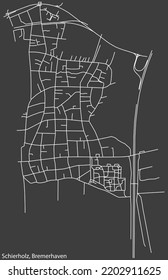 Detailed negative navigation white lines urban street roads map of the SCHIERHOLZ QUARTER of the German regional capital city of Bremerhaven, Germany on dark gray background
