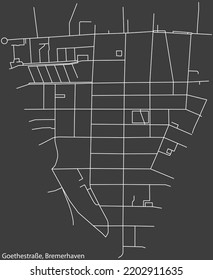 Detailed negative navigation white lines urban street roads map of the GOETHESTRASSE QUARTER of the German regional capital city of Bremerhaven, Germany on dark gray background